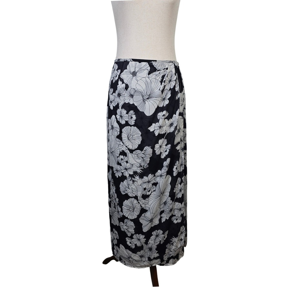 Anne Klein Womens 6 Navy Blue White Floral 100% Silk Maxi Skirt Faux Wrap Lined